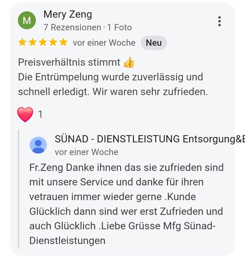 Customer review by Mery Zeng showing 5-star rating and positive feedback about a service, with a company response below