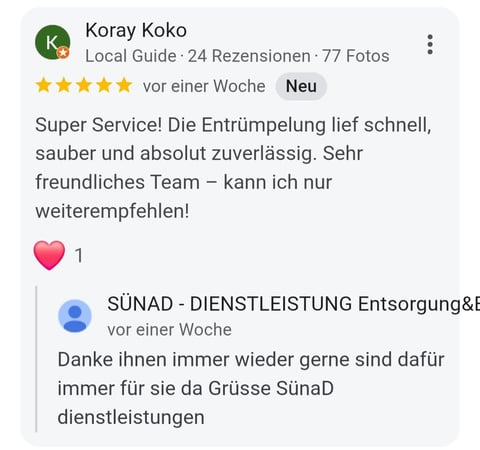 Five-star Google review from Koray Koko praising SÜNaD services with a positive response from the business