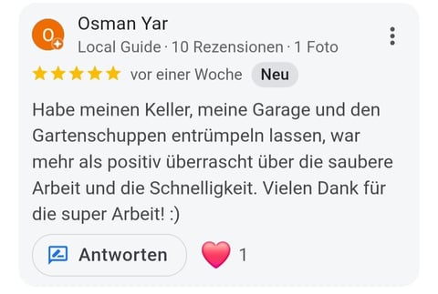 5-star review from Osman Yar, Local Guide, praising quality work on cellar, garage, and garden renovation