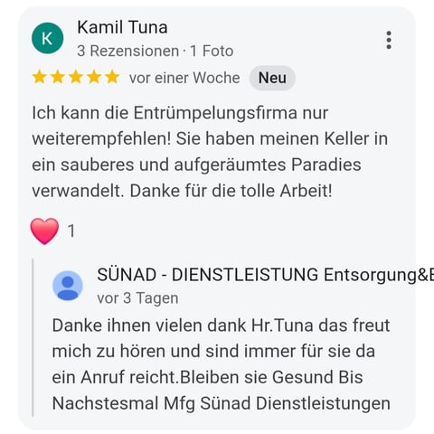 5-star review from Kamil Tuna praising a cleaning service, with business response below the comment