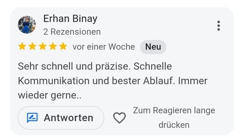 Five-star review from Erhan Binay praising fast and precise service with excellent communication