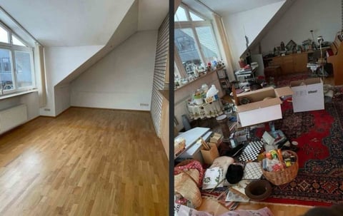 Before and after comparison of a bedroom transformation showing an empty room with hardwood floors on the left and a cluttered room on the right