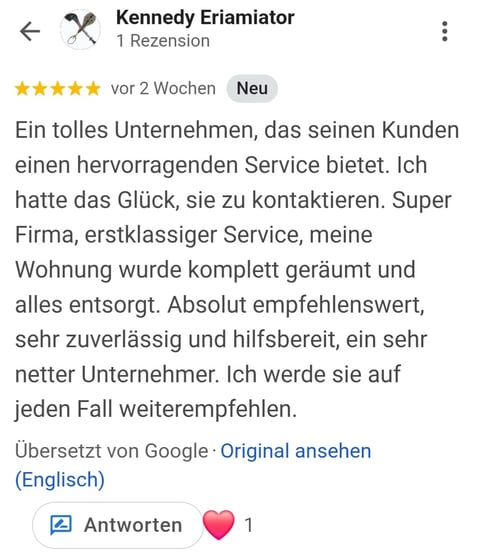 Five-star review for Kennedy Eriammiator, German text praising their cleaning service, posted 2 weeks ago