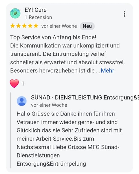 Screenshot of customer reviews for EY! Care service showing a 5-star rating and two positive testimonials in German