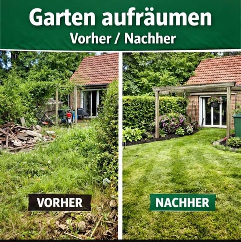 Before and after comparison of a garden renovation. Left shows overgrown yard with debris, right shows cleared lawn with manicured appearance.