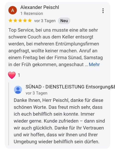 Five-star review by Alexander Peischl praising moving services, with a response from SUNAD company thanking the customer for feedback