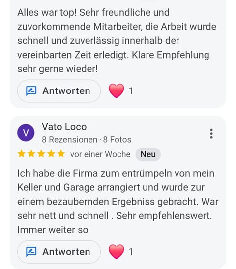 Screenshot of customer reviews in German showing positive testimonials with 5-star ratings and user profile information